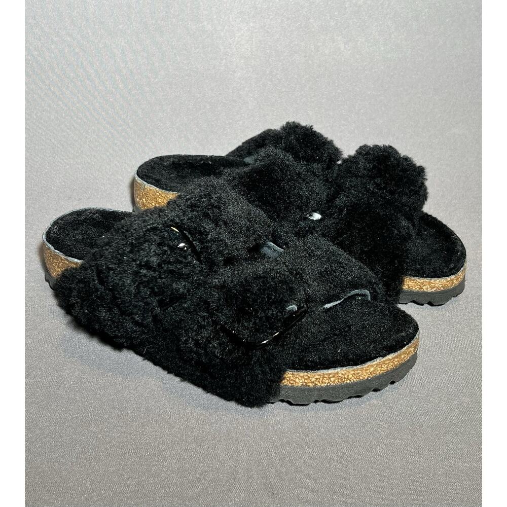 Birkenstock Arizona Big Buckle Shearling Black Sandals Women's Size 5-5.5 US NEW